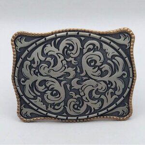 Western Two-Tone Belt Buckle Rodeo Bull Riding Storming Silver Marlboro Textured